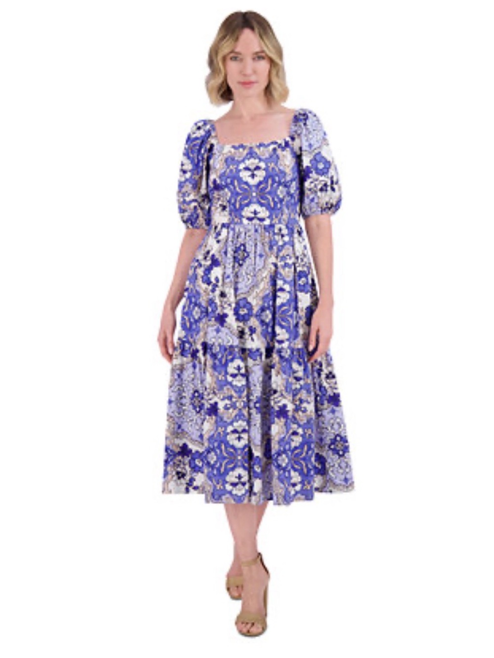Vince Camuto Blue Floral Square-Neck Midi Dress NWT